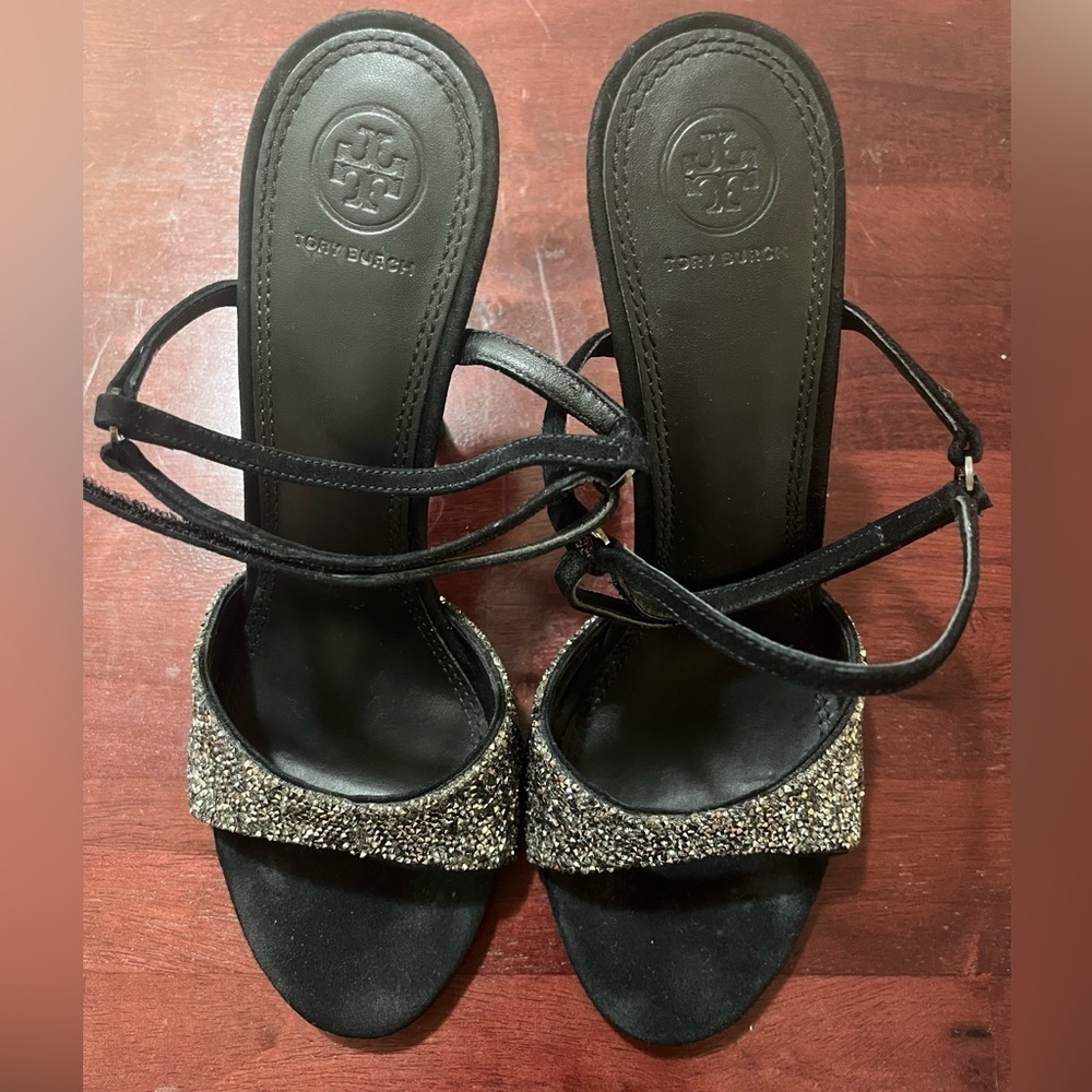 Tory Burch Eloise Black Suede Crystal Embellished Ankle Strap Heels Sandal 10M
